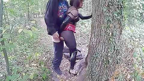 Brunette with a sexy ass rides on a huge dick in the forest