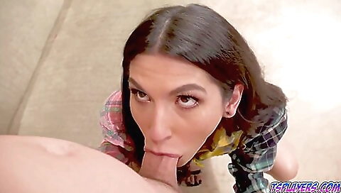 A cute babe with small ass gives a handjob to a chubby guy