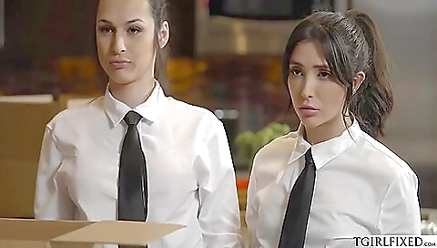 Petite brunette with big tits is fucked hard behind counter