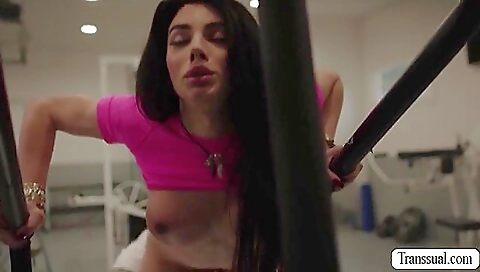 Gymnasium brunette shows her shaved asshole and gets fucked