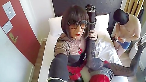 Hot brunette with a sexy ass in stockings fucked by two men