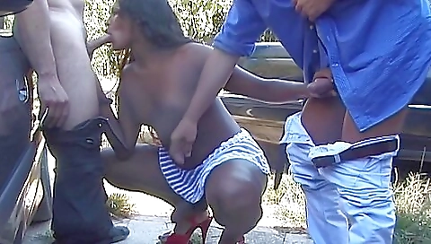 Two trans girls get anal fucked in a retro threesome