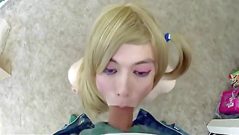 Big fat cock fucks a beautiful blonde shemale face in pov